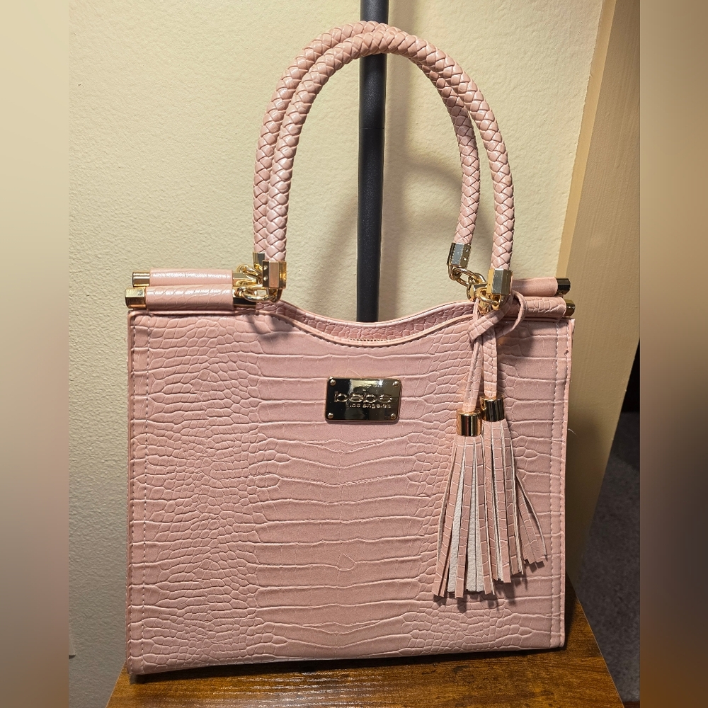Pink Croc-Embossed Tote with Tassel